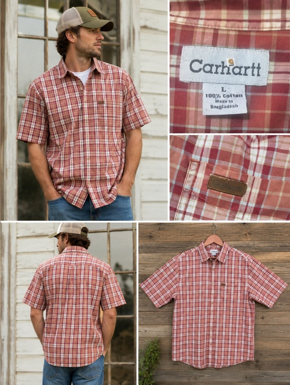 Carhartt Men’s Plaid Short Sleeve Button Up Shirt Size L 100% Cotton